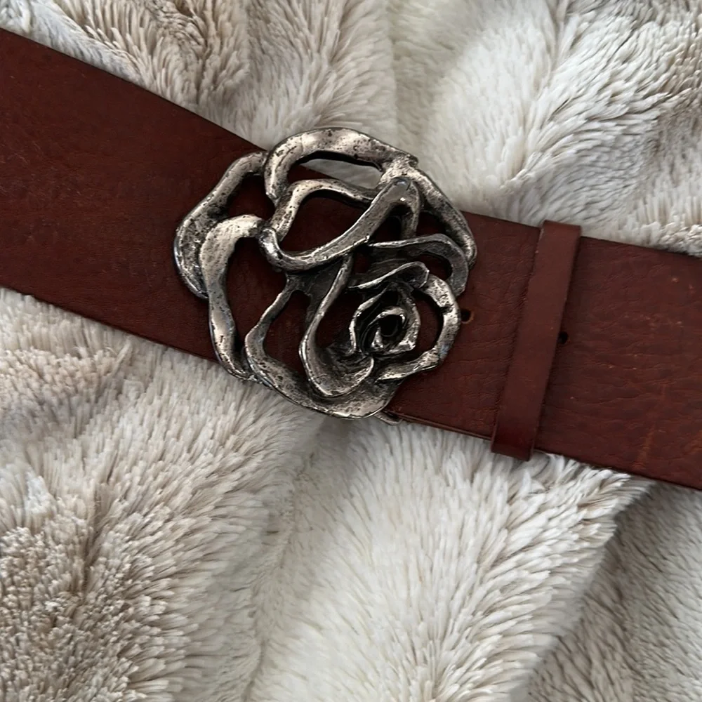 Garuglieri Genuine Leather Belt Rose Metal Buckle Brown Tan SzXL